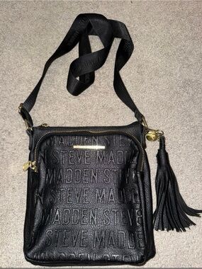 Steve Madden Black Embossed Crossbody with Tassel Accent